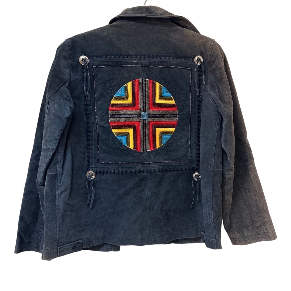 Impressions by Rem Garson Navy Blue Suede Leather Beaded Southwestern Jacket S